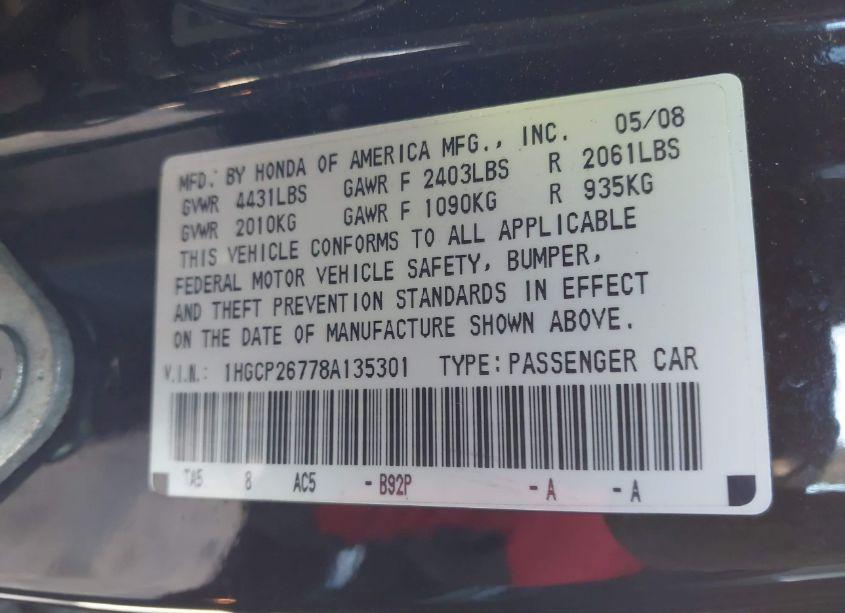 Photo 9 of 2008 Honda Accord 2.4 EX (VIN 1HGCP26778A135301)