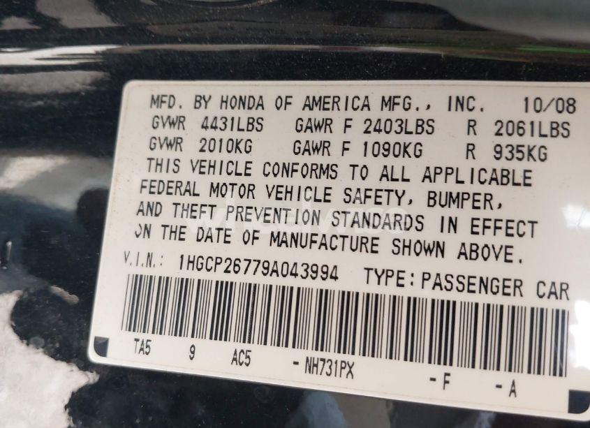 Photo 9 of 2009 Honda Accord 2.4 EX (VIN 1HGCP26779A043994)