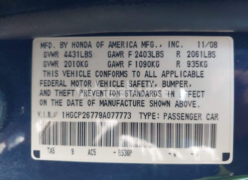 Photo 9 of 2009 Honda Accord 2.4 EX (VIN 1HGCP26779A077773)