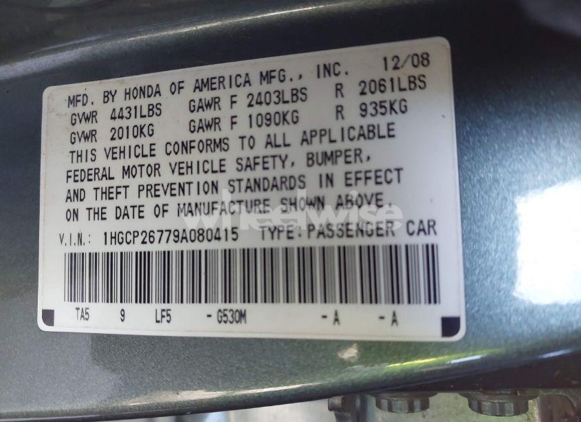 Photo 9 of 2009 Honda Accord 2.4 EX (VIN 1HGCP26779A080415)