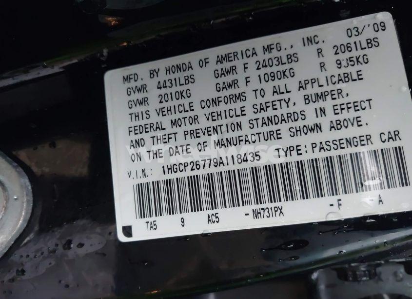 Photo 9 of 2009 Honda Accord 2.4 EX (VIN 1HGCP26779A118435)