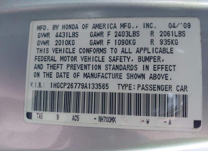 Photo 9 of 2009 Honda Accord 2.4 EX (VIN 1HGCP26779A133565)