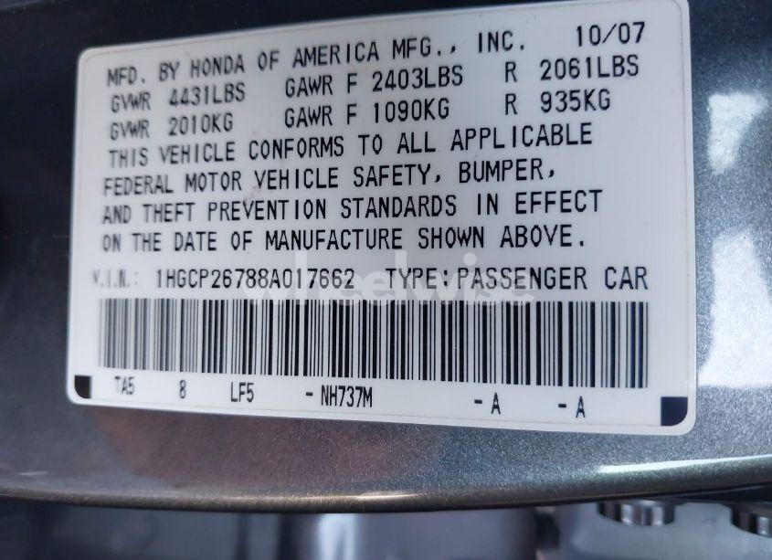 Photo 9 of 2008 Honda Accord 2.4 EX (VIN 1HGCP26788A017662)