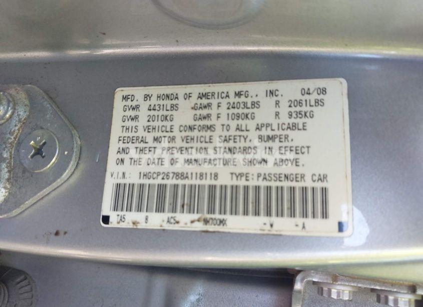 Photo 9 of 2008 Honda Accord 2.4 EX (VIN 1HGCP26788A118118)