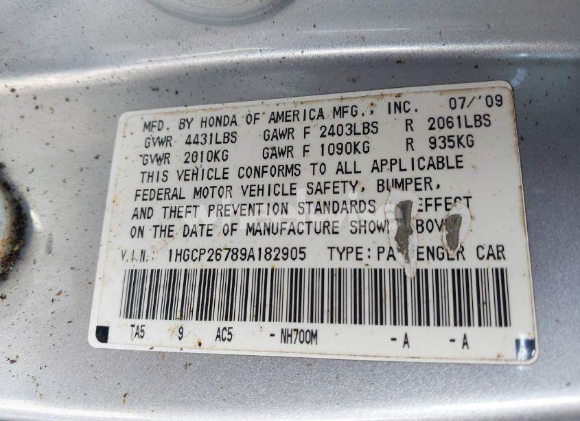 Photo 9 of 2009 Honda Accord 2.4 EX (VIN 1HGCP26789A182905)
