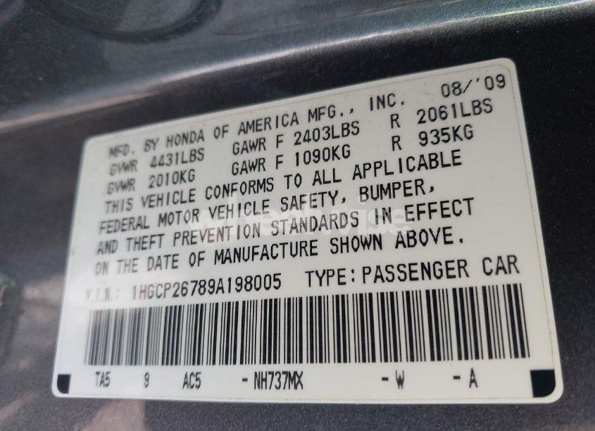 Photo 9 of 2009 Honda Accord 2.4 EX (VIN 1HGCP26789A198005)