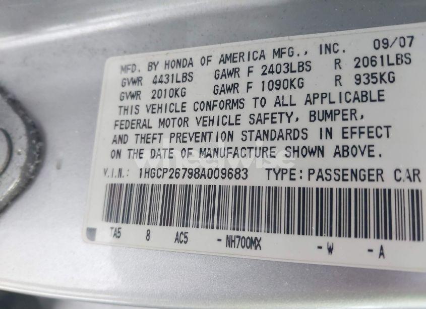 Photo 9 of 2008 Honda Accord 2.4 EX (VIN 1HGCP26798A009683)