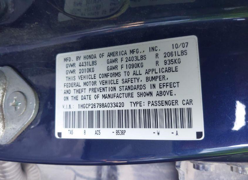 Photo 9 of 2008 Honda Accord 2.4 EX (VIN 1HGCP26798A033420)
