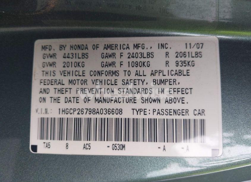 Photo 9 of 2008 Honda Accord 2.4 EX (VIN 1HGCP26798A036608)