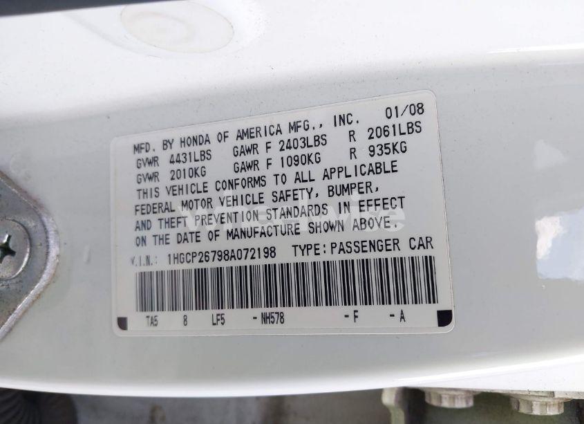 Photo 9 of 2008 Honda Accord 2.4 EX (VIN 1HGCP26798A072198)