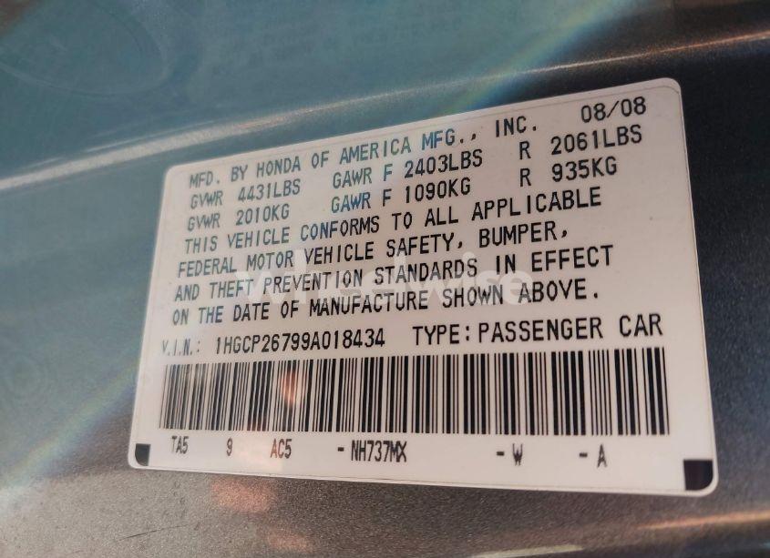 Photo 9 of 2009 Honda Accord 2.4 EX (VIN 1HGCP26799A018434)