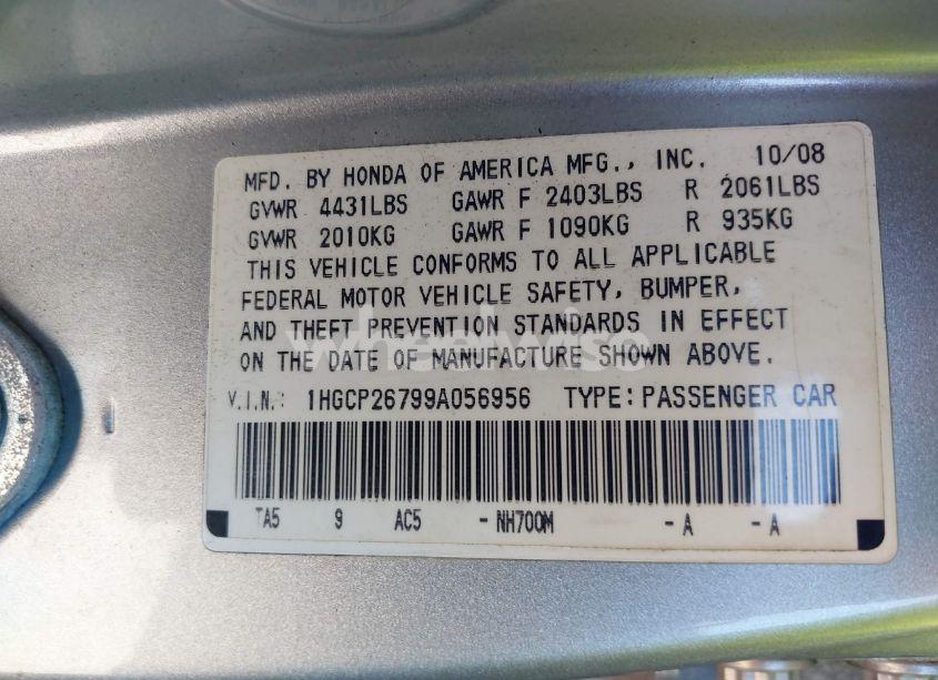 Photo 9 of 2009 Honda Accord 2.4 EX (VIN 1HGCP26799A056956)