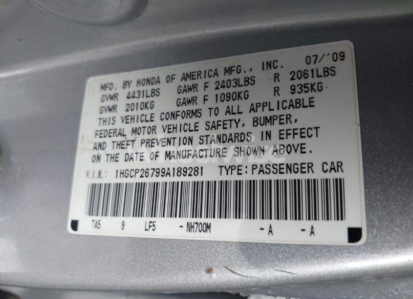 Photo 9 of 2009 Honda Accord 2.4 EX (VIN 1HGCP26799A189281)
