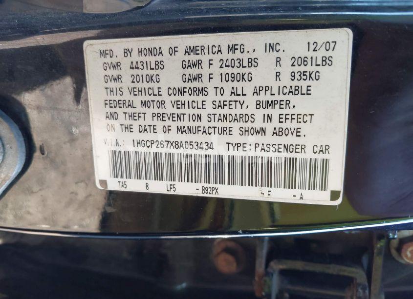 Photo 9 of 2008 Honda Accord 2.4 EX (VIN 1HGCP267X8A053434)