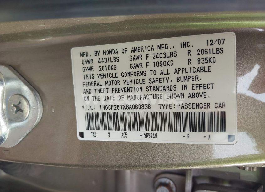 Photo 9 of 2008 Honda Accord 2.4 EX (VIN 1HGCP267X8A060836)