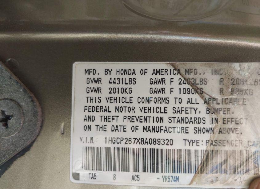 Photo 9 of 2008 Honda Accord 2.4 EX (VIN 1HGCP267X8A089320)