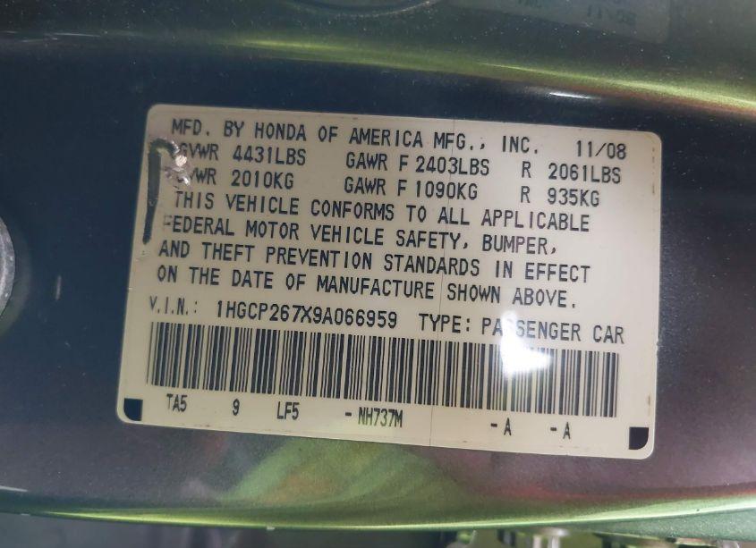 Photo 9 of 2009 Honda Accord 2.4 EX (VIN 1HGCP267X9A066959)