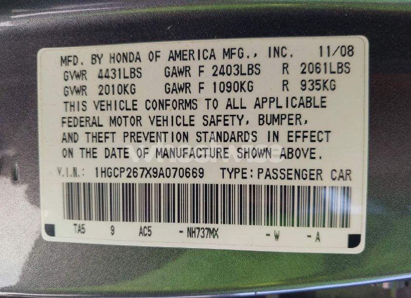 Photo 9 of 2009 Honda Accord 2.4 EX (VIN 1HGCP267X9A070669)