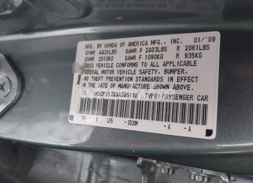 Photo 9 of 2009 Honda Accord 2.4 EX (VIN 1HGCP267X9A095118)