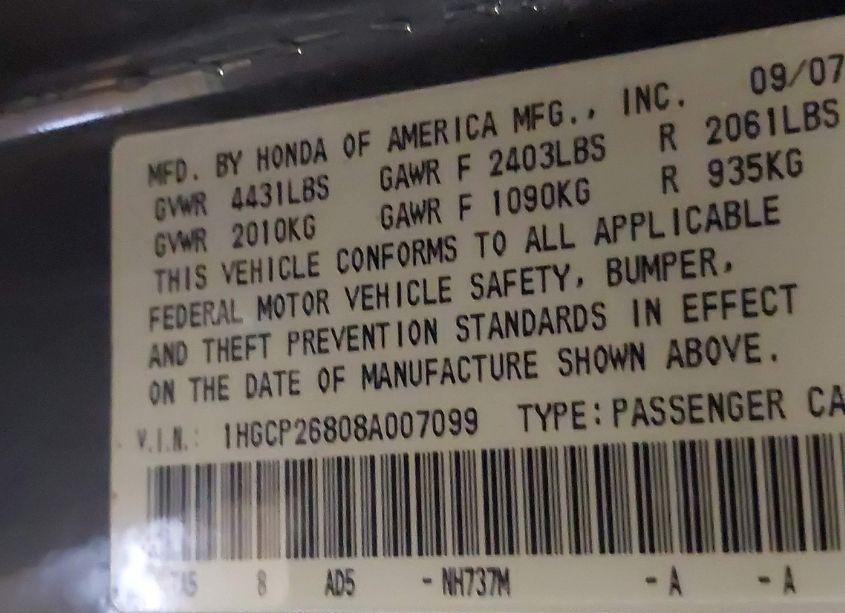 Photo 9 of 2008 Honda Accord 2.4 EX-L (VIN 1HGCP26808A007099)