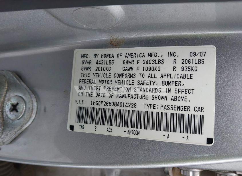Photo 9 of 2008 Honda Accord 2.4 EX-L (VIN 1HGCP26808A014229)