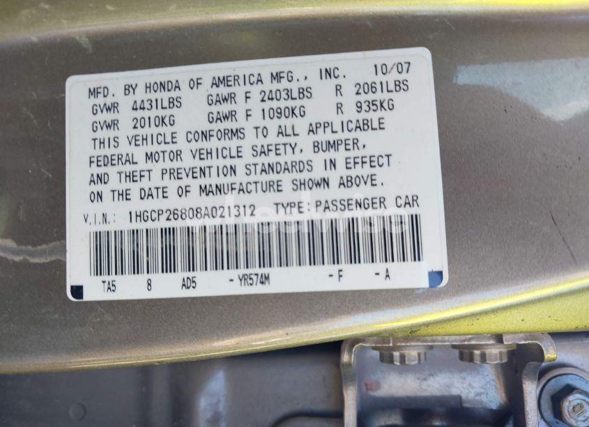 Photo 9 of 2008 Honda Accord 2.4 EX-L (VIN 1HGCP26808A021312)