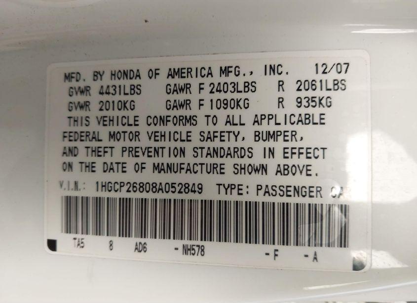 Photo 9 of 2008 Honda Accord 2.4 EX-L (VIN 1HGCP26808A052849)