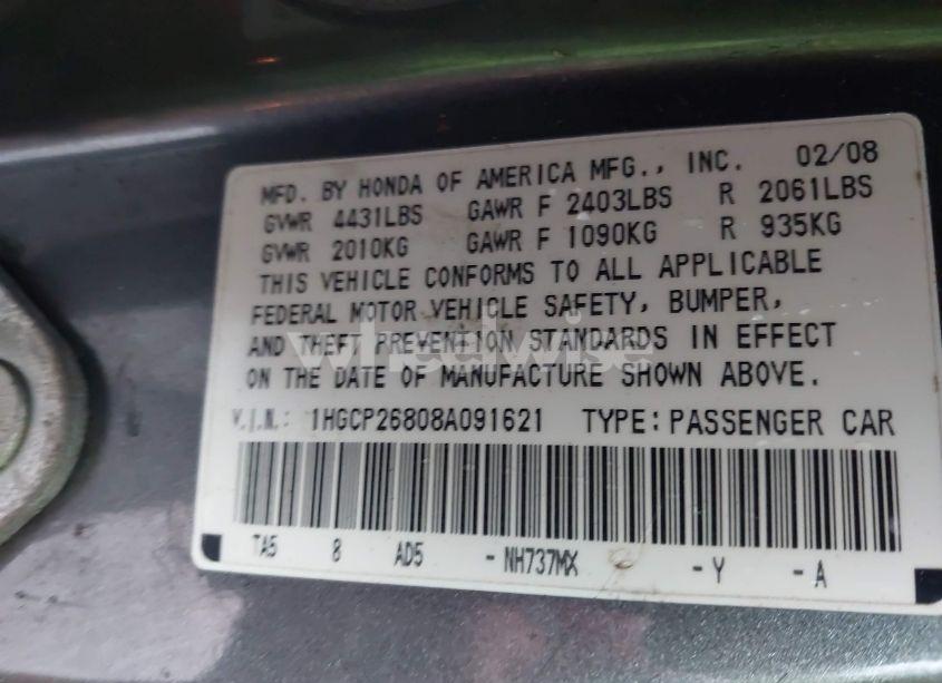 Photo 9 of 2008 Honda Accord 2.4 EX-L (VIN 1HGCP26808A091621)