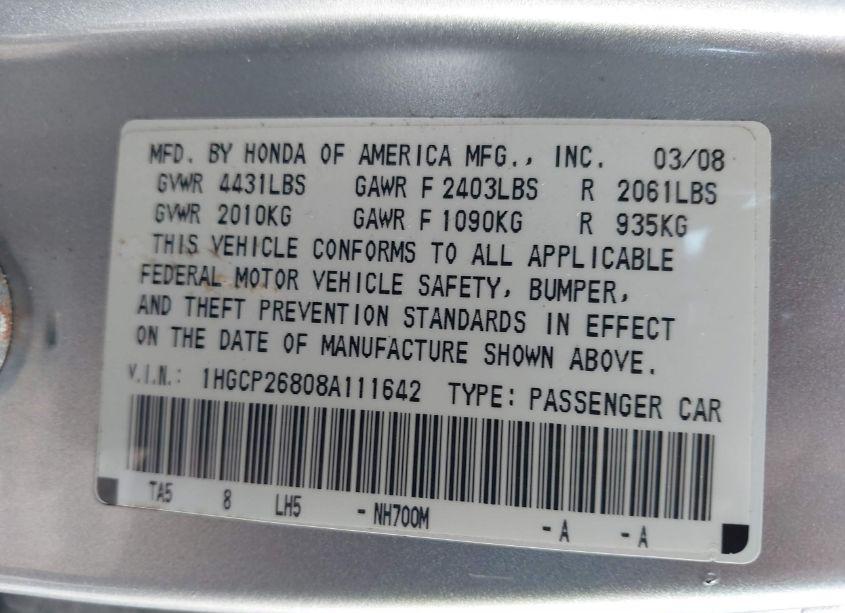 Photo 9 of 2008 Honda Accord 2.4 EX-L (VIN 1HGCP26808A111642)