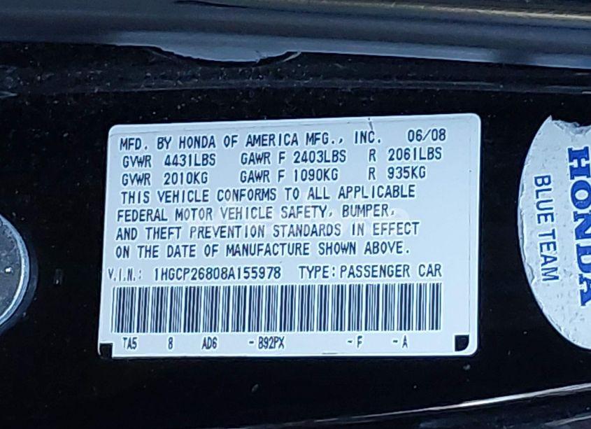 Photo 9 of 2008 Honda Accord 2.4 EX-L (VIN 1HGCP26808A155978)