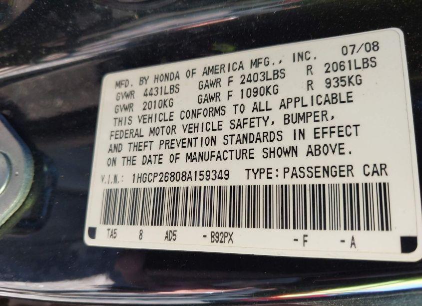 Photo 9 of 2008 Honda Accord 2.4 EX-L (VIN 1HGCP26808A159349)