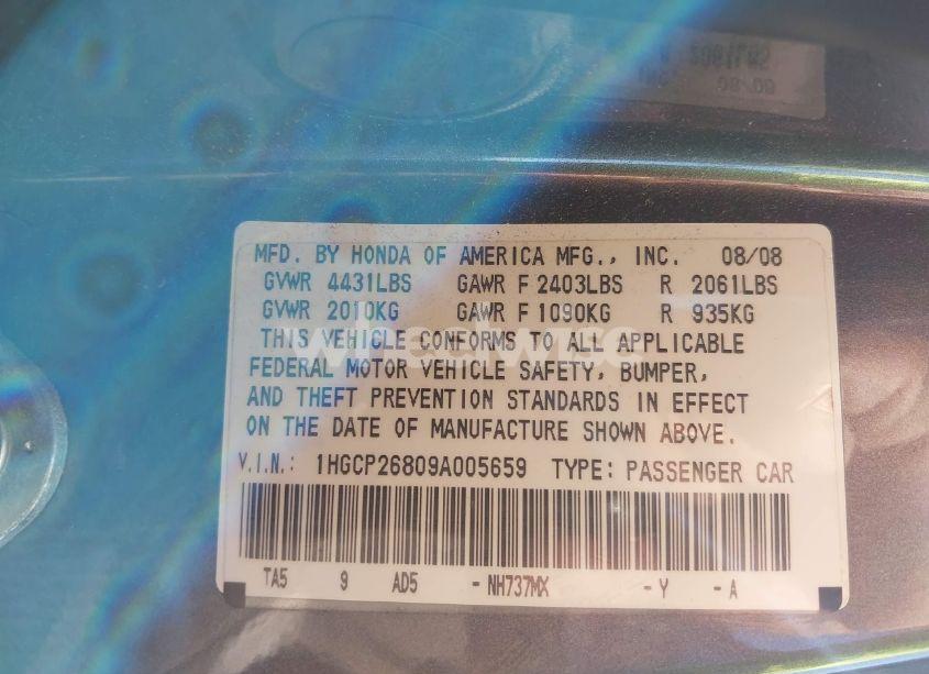 Photo 9 of 2009 Honda Accord 2.4 EX-L (VIN 1HGCP26809A005659)