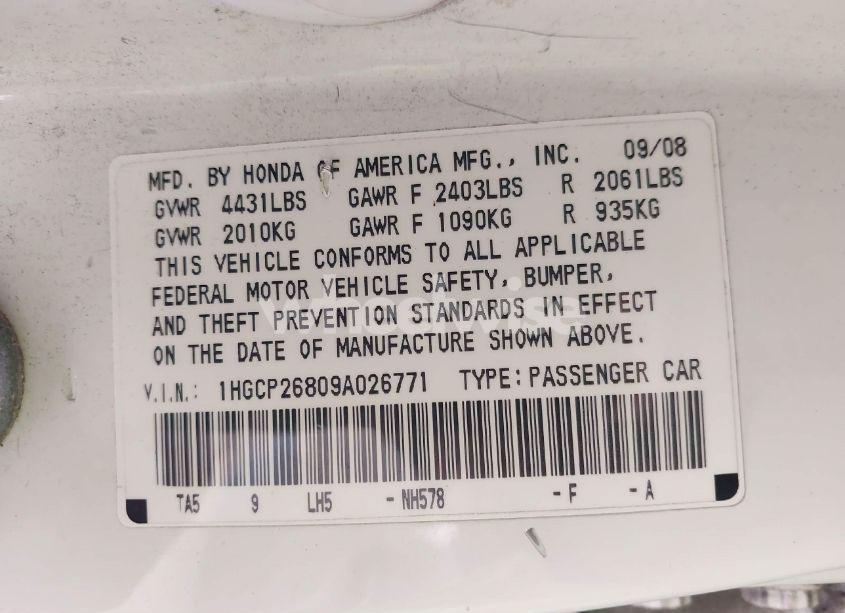 Photo 9 of 2009 Honda Accord 2.4 EX-L (VIN 1HGCP26809A026771)