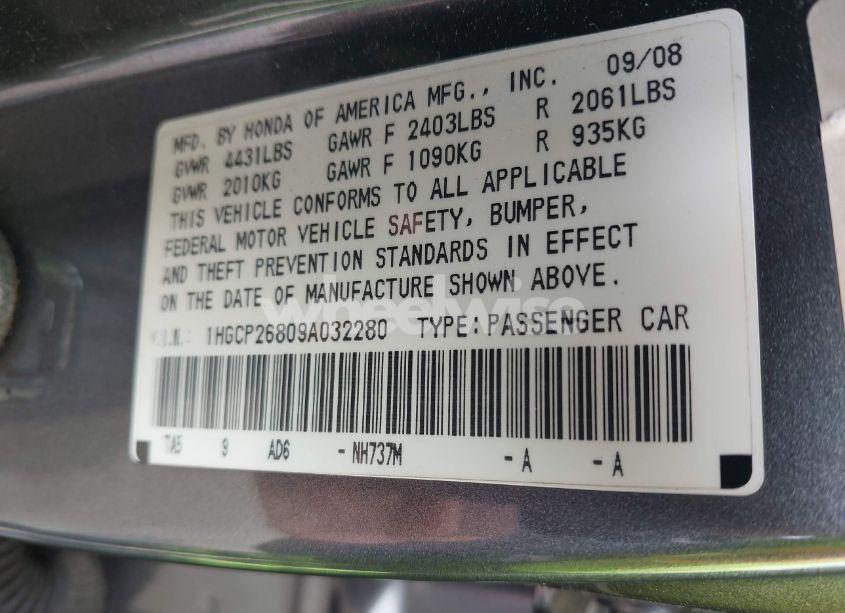 Photo 9 of 2009 Honda Accord 2.4 EX-L (VIN 1HGCP26809A032280)