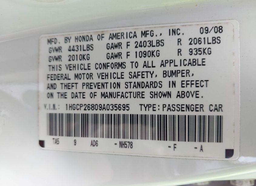 Photo 9 of 2009 Honda Accord 2.4 EX-L (VIN 1HGCP26809A035695)