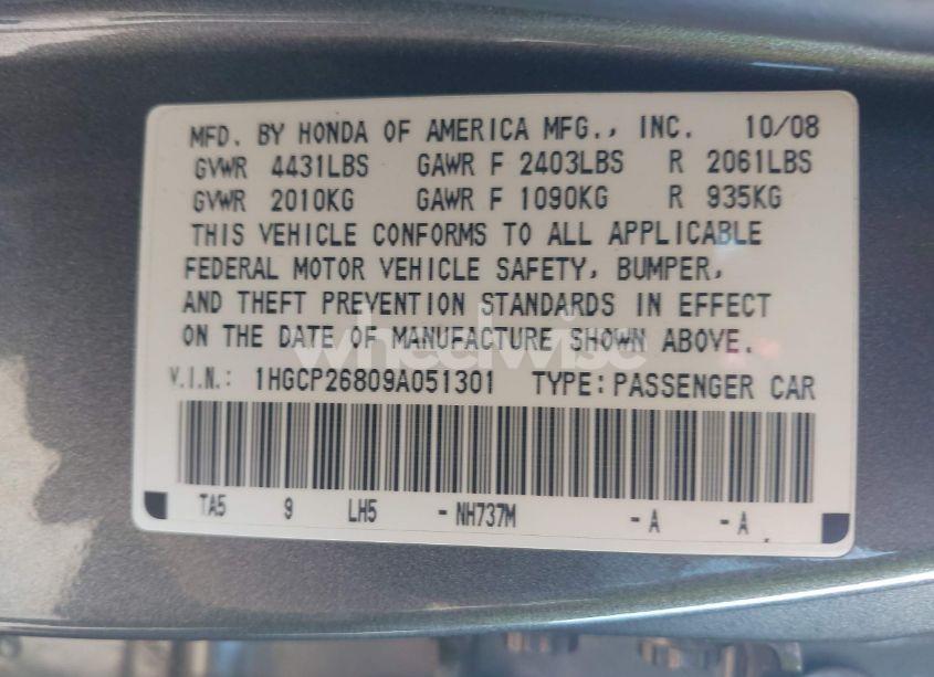 Photo 9 of 2009 Honda Accord 2.4 EX-L (VIN 1HGCP26809A051301)