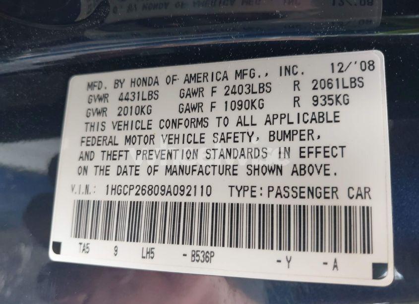 Photo 9 of 2009 Honda Accord 2.4 EX-L (VIN 1HGCP26809A092110)