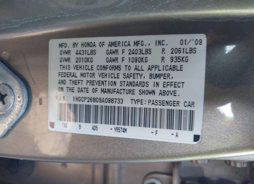 Photo 9 of 2009 Honda Accord 2.4 EX-L (VIN 1HGCP26809A098733)