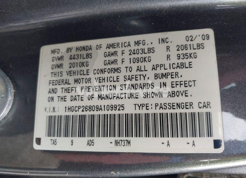 Photo 9 of 2009 Honda Accord 2.4 EX-L (VIN 1HGCP26809A109925)