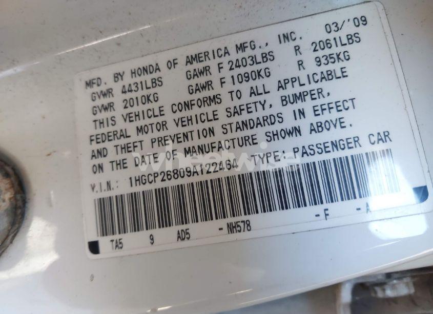 Photo 9 of 2009 Honda Accord 2.4 EX-L (VIN 1HGCP26809A122464)