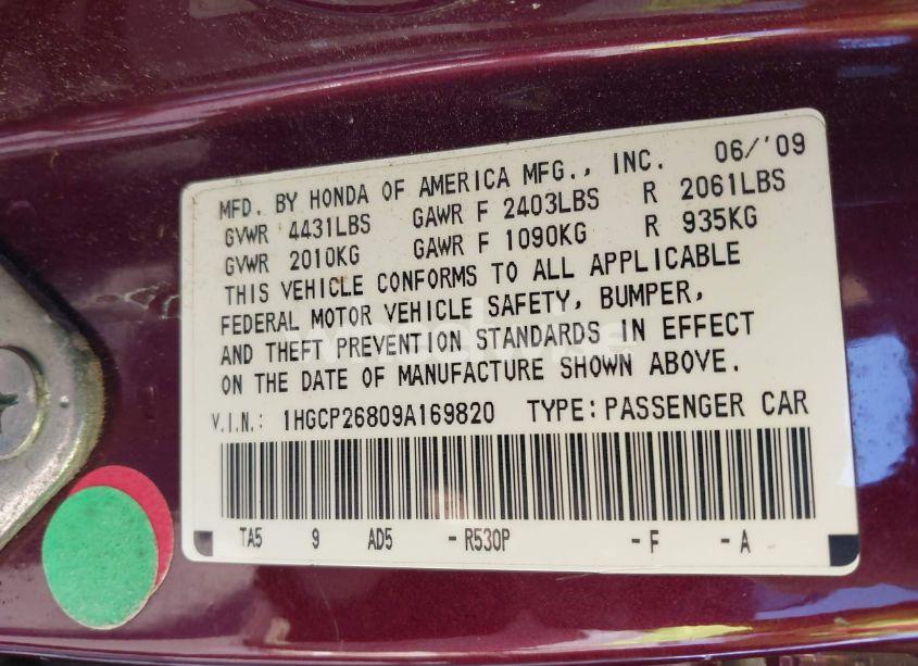 Photo 9 of 2009 Honda Accord 2.4 EX-L (VIN 1HGCP26809A169820)