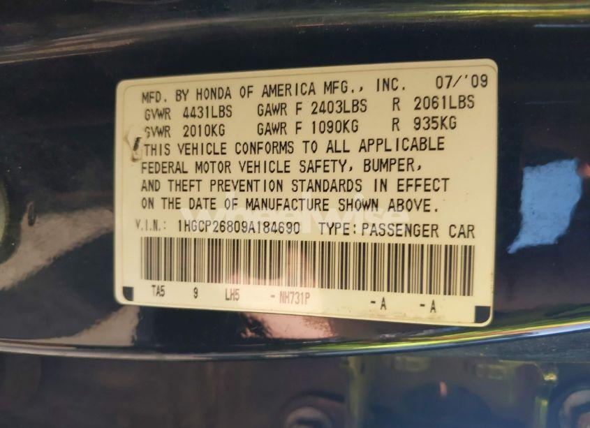 Photo 9 of 2009 Honda Accord 2.4 EX-L (VIN 1HGCP26809A184690)