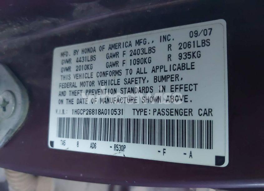 Photo 9 of 2008 Honda Accord 2.4 EX-L (VIN 1HGCP26818A010531)