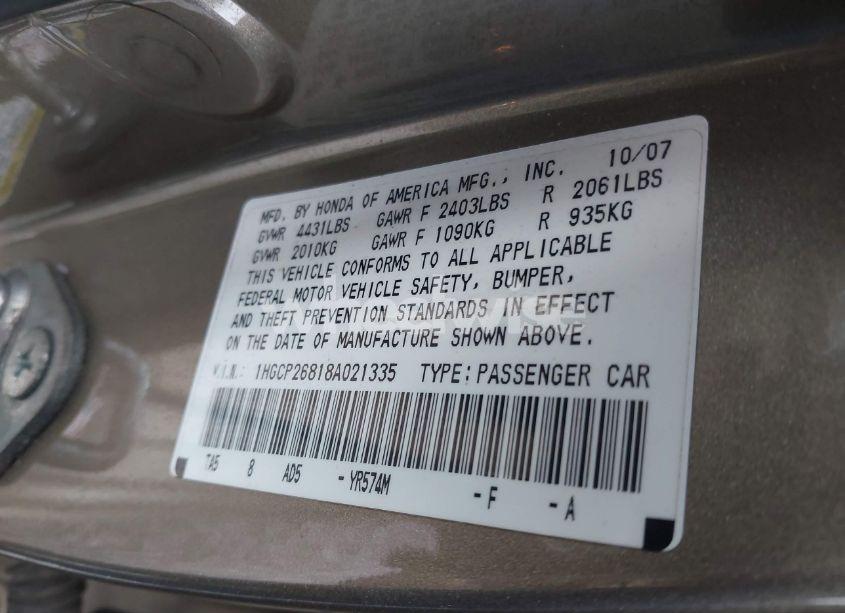 Photo 9 of 2008 Honda Accord 2.4 EX-L (VIN 1HGCP26818A021335)
