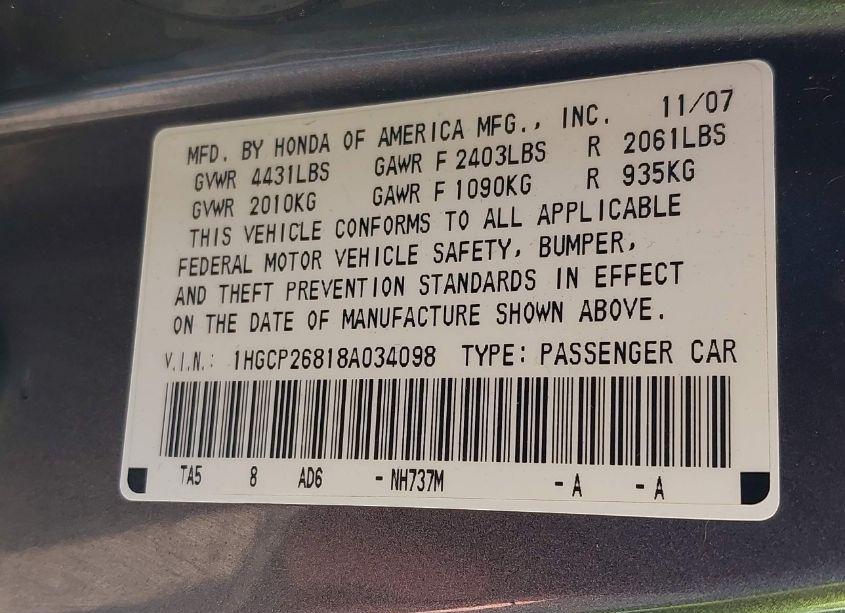 Photo 9 of 2008 Honda Accord 2.4 EX-L (VIN 1HGCP26818A034098)