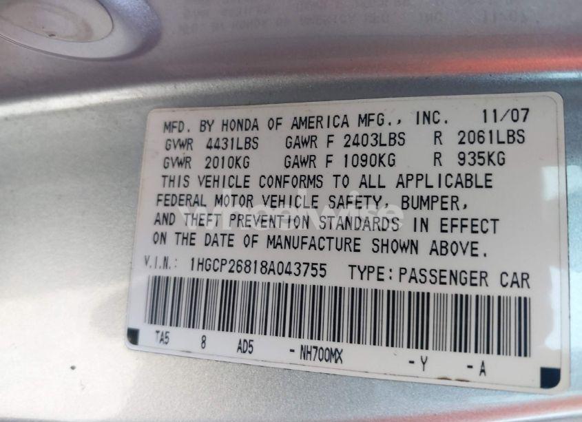 Photo 9 of 2008 Honda Accord 2.4 EX-L (VIN 1HGCP26818A043755)