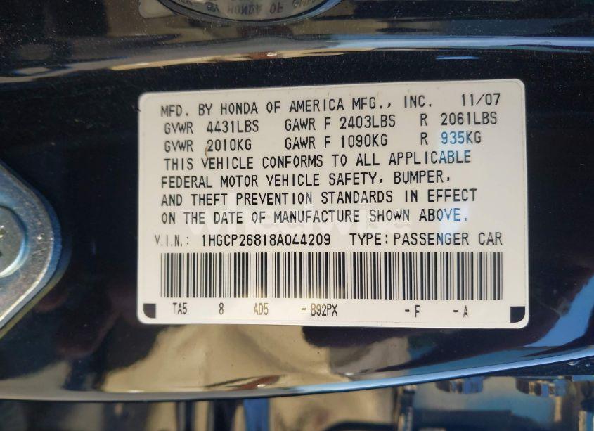 Photo 9 of 2008 Honda Accord 2.4 EX-L (VIN 1HGCP26818A044209)