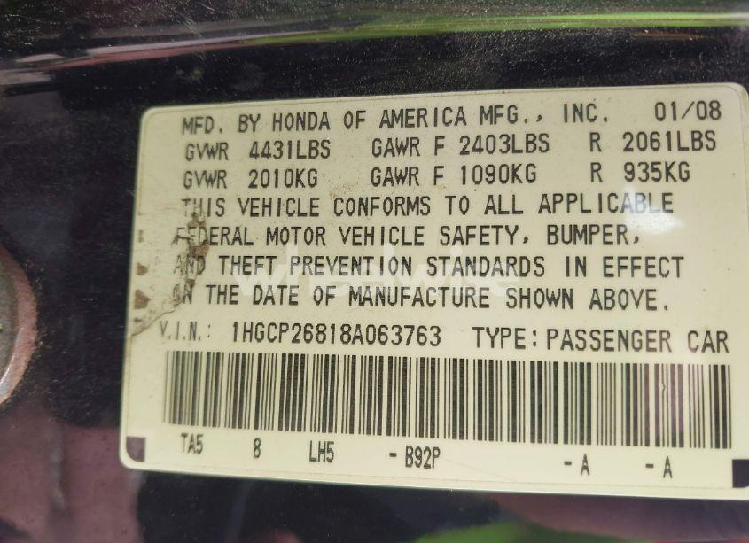 Photo 9 of 2008 Honda Accord 2.4 EX-L (VIN 1HGCP26818A063763)