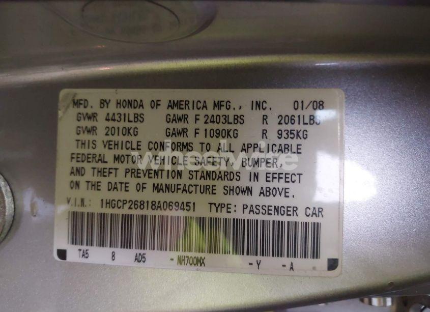 Photo 9 of 2008 Honda Accord 2.4 EX-L (VIN 1HGCP26818A069451)