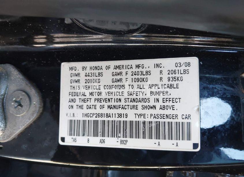 Photo 9 of 2008 Honda Accord 2.4 EX-L (VIN 1HGCP26818A113819)